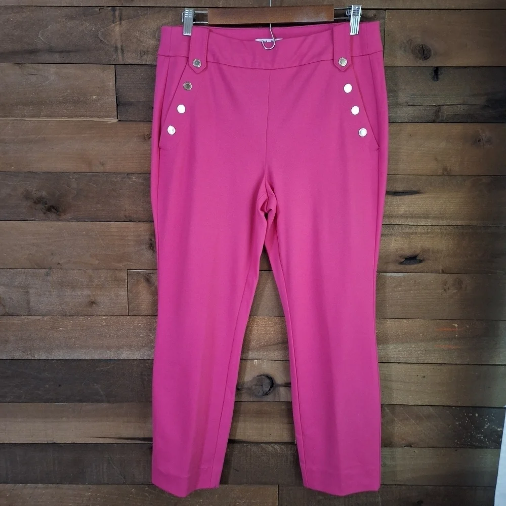 WHBM Jolie Hot Pink Straight Leg Ankle Pants with Gold Button Detail – Size 10R